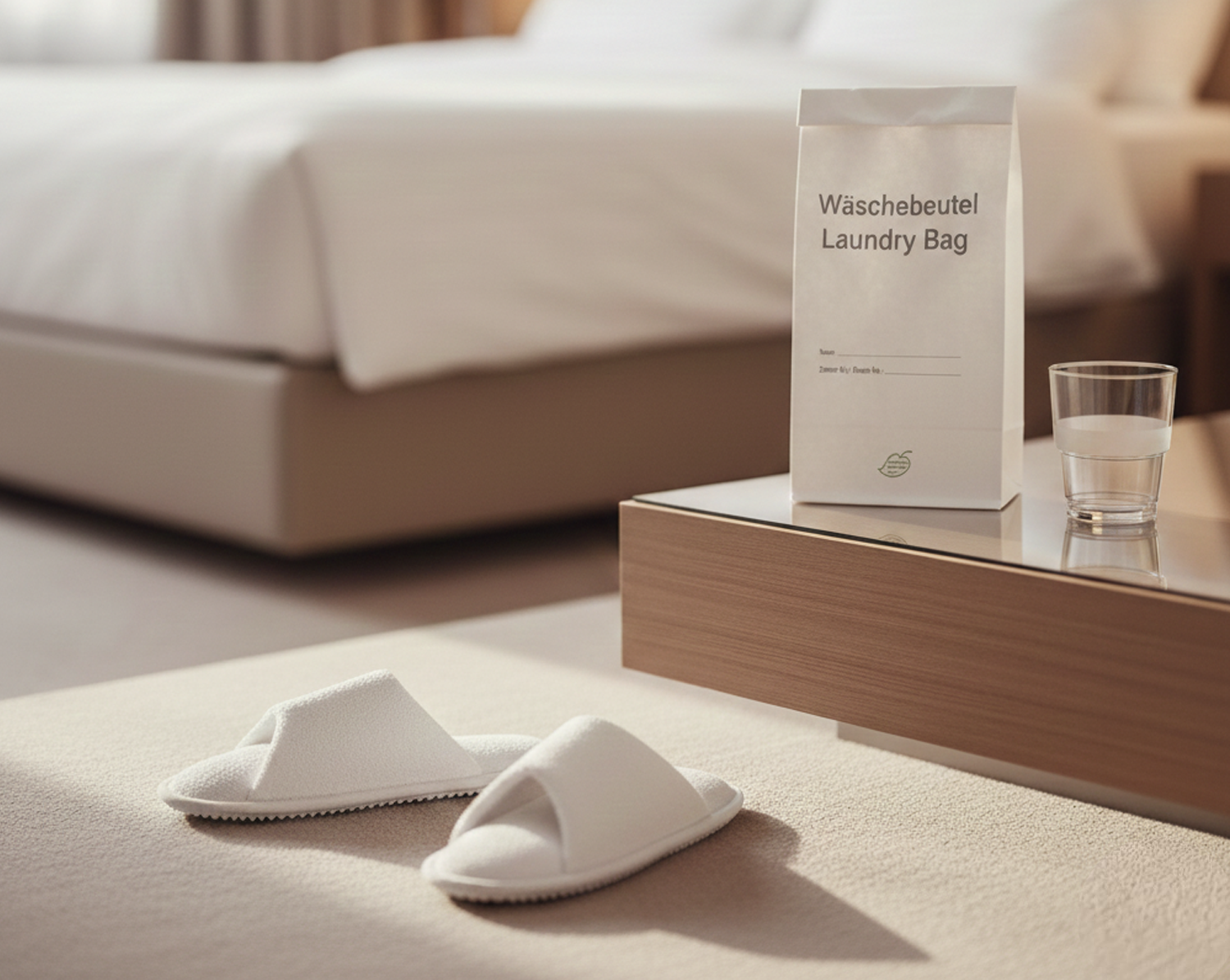 Ein Wäschebeutel in einem Hotelzimmer