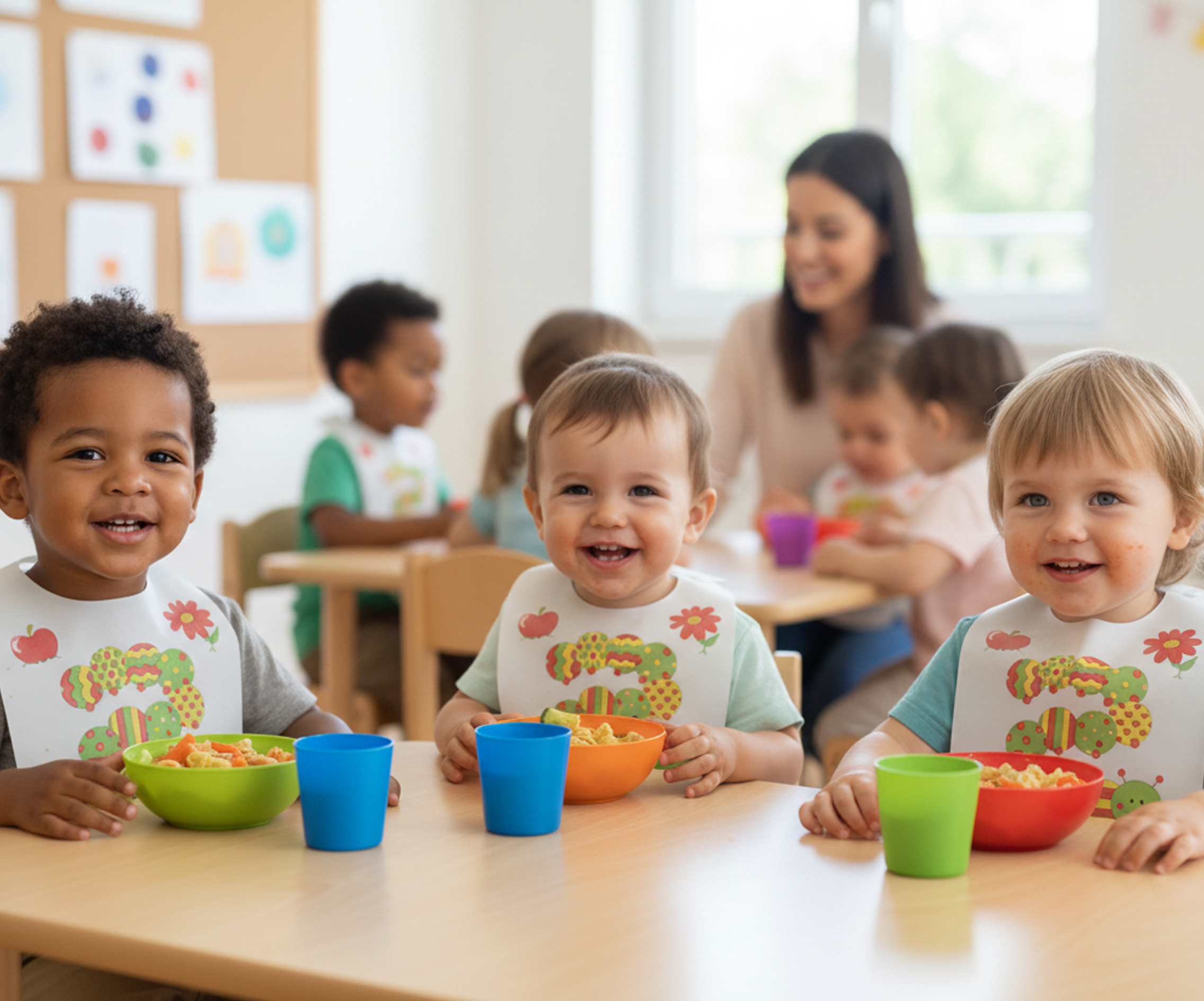 Buntes Kinderlätzchen mit fröhlichem Raupenmotiv, auf einem Kindergarten-Tisch neben Bechern und Bastelmaterial platziert, kindgerecht und verspielt