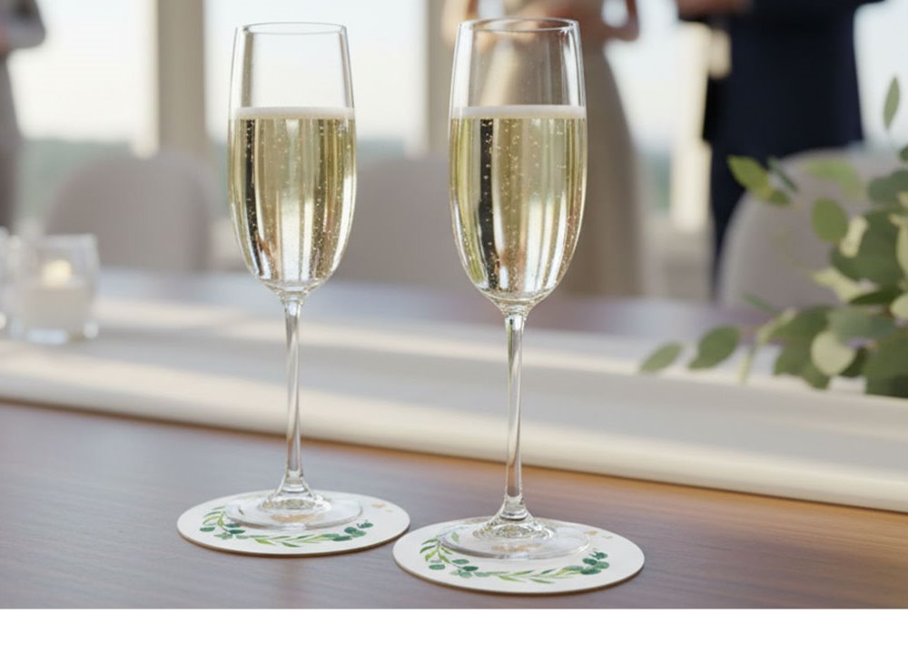 Robuste Karton-Untersetzer mit dekorativem Motiv, stilvoll platziert unter Gläsern für festliche und besondere Anlässe