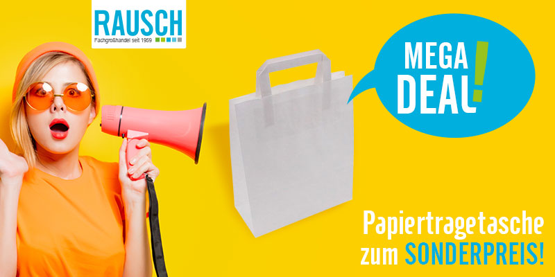 Exklusives B2B-Angebot: Weiße Papiertragetasche mit Flachhenkel zum Sonderpreis bei RAUSCH Fachgroßhandel.