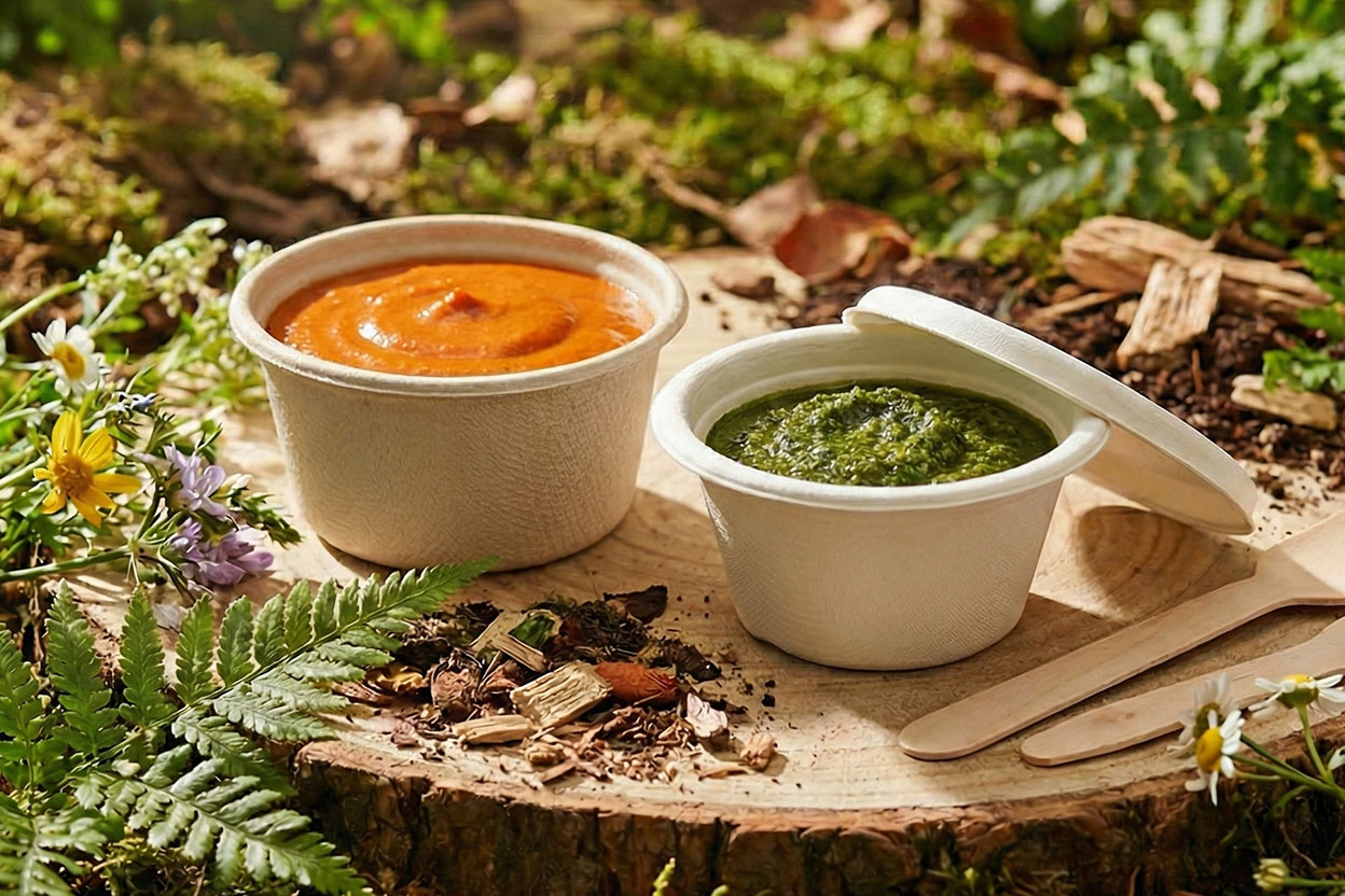 Umweltfreundliche Dressingbecher aus Bagasse, ideal für ein nachhaltiges Ambiente mit Soßen