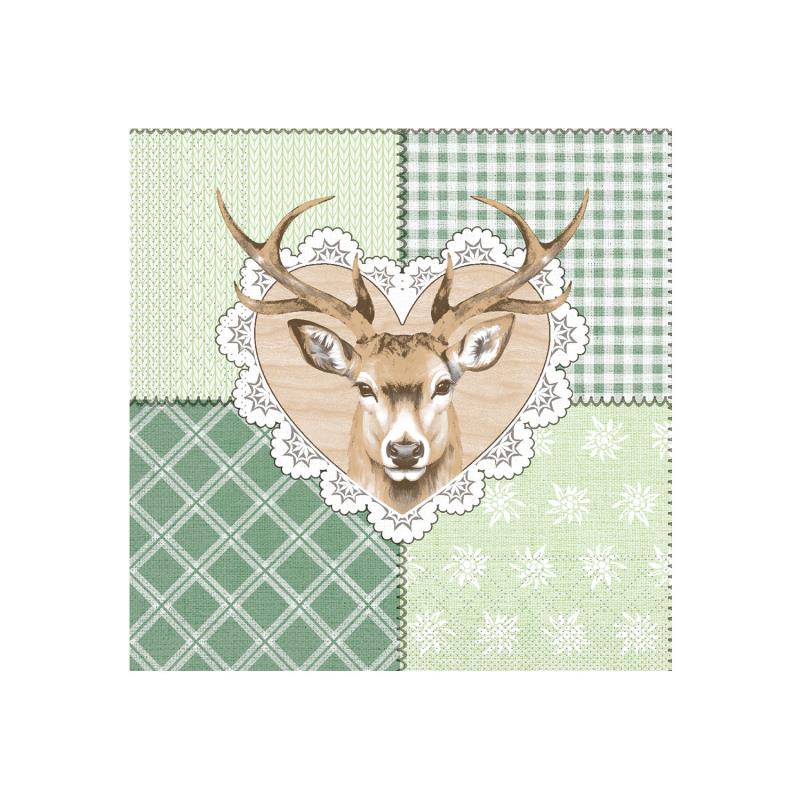 Zellstoff-Serviette Abigail Hirschkopf, 33×33 cm, 3-lagig, 1/4-Falz