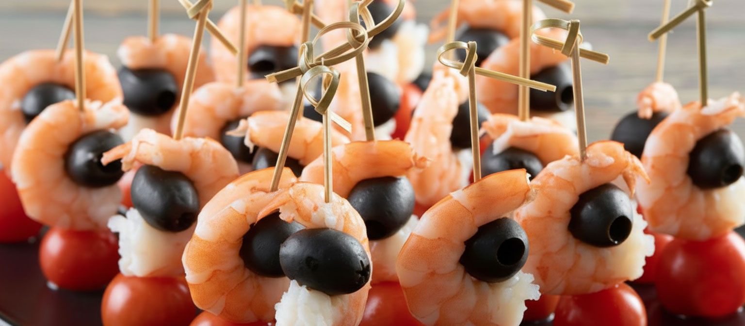 Naturfarbene Bambusspieße mit Tapas-Häppchen, dekorativ arrangiert in warmem Ambiente, ideal für Fingerfood und Buffets