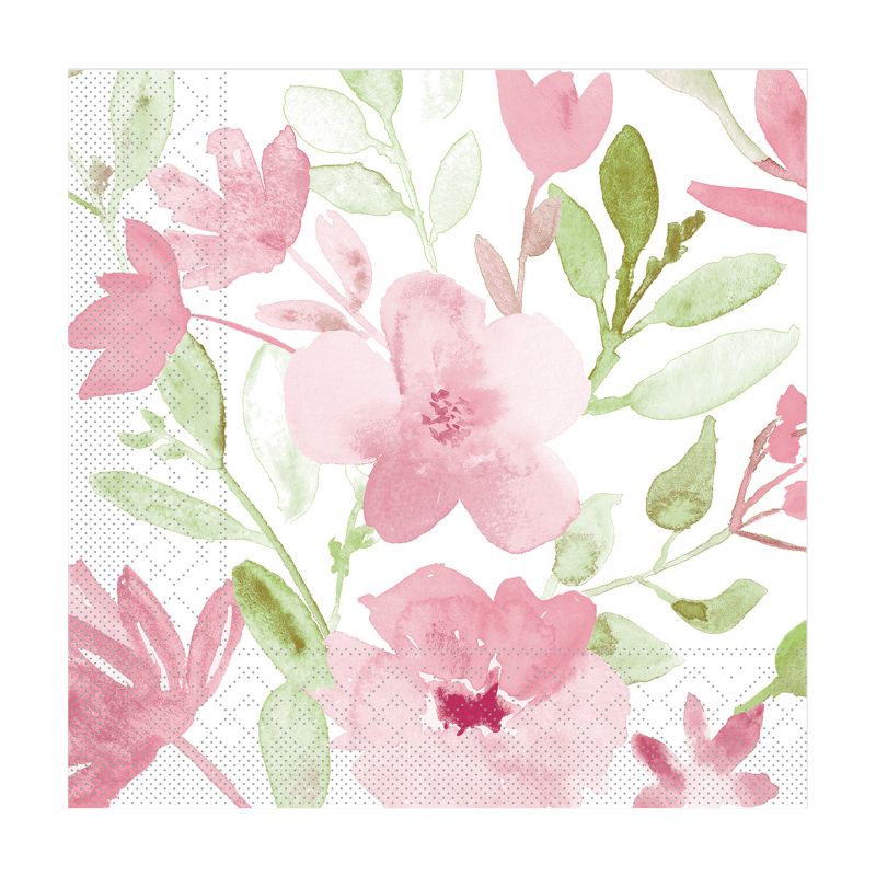 weißer Untergrund mit rosa Blumen und grünen Blättern