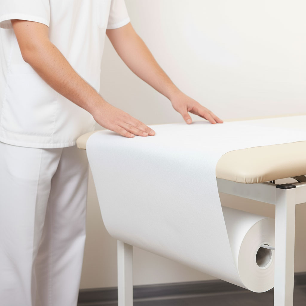 Rollen mit Papier-Liegenauflagen auf Behandlungsliege, hygienisches Arztkrepp im hellen Zahnarztpraxis-Ambiente