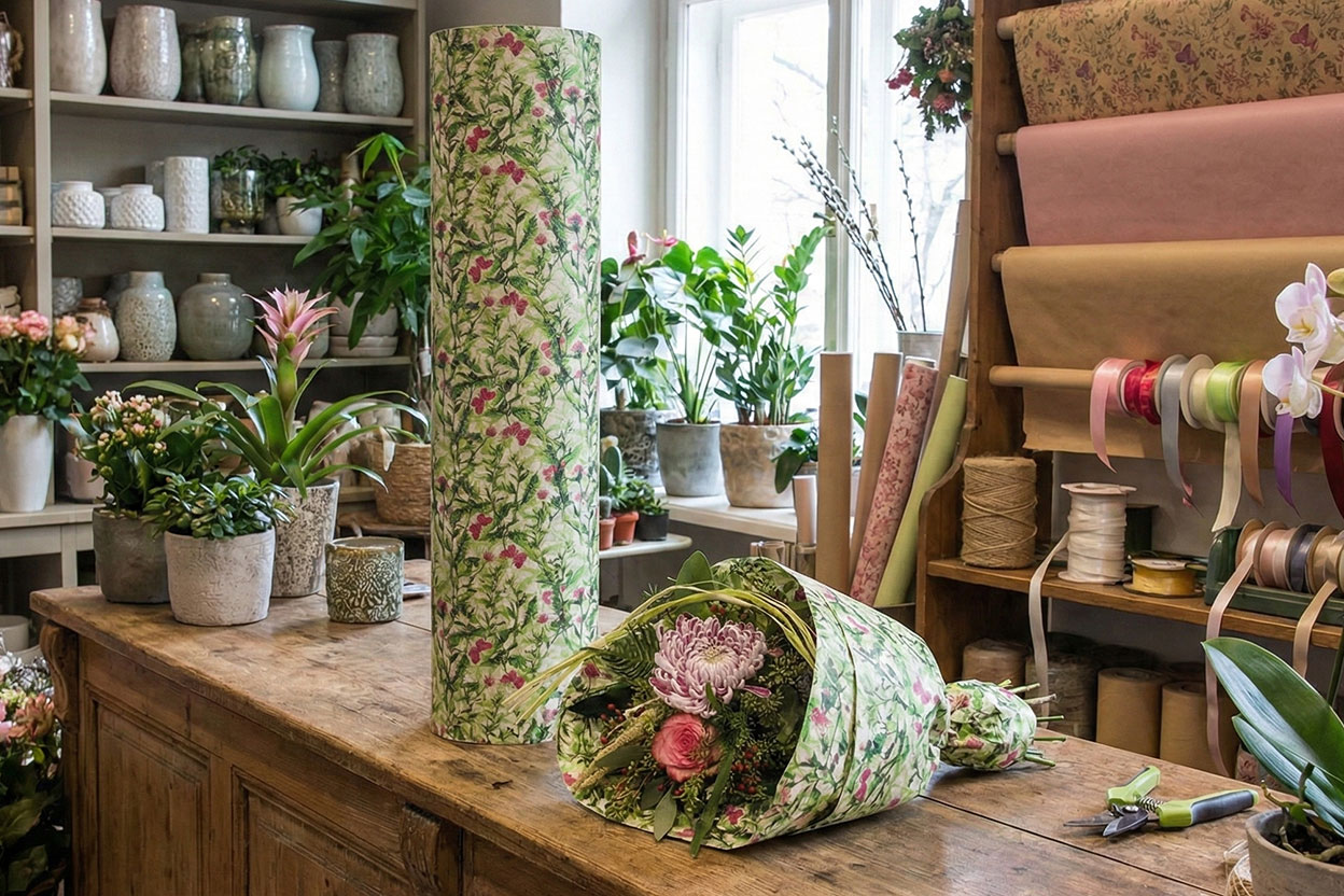 Musterblumenfolie, die in einem Blumenladen zur Präsentation und Verpackung von Blumen verwendet wird