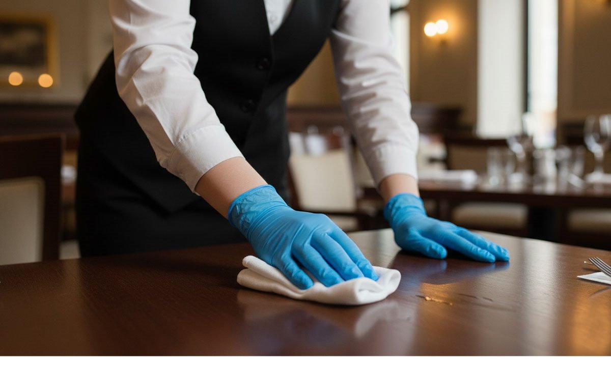 Eine Frau mit blauen Einmalhandschuhen, die einen Tisch abwischt.