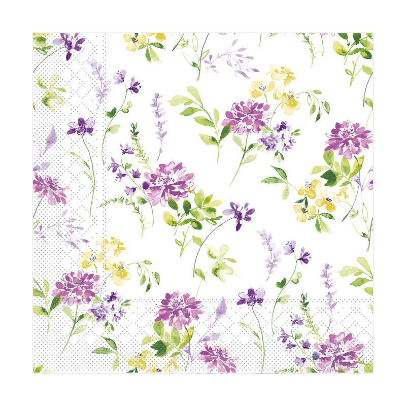 weißer Untergrund mit lila und gelben Blumen