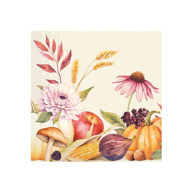 herbstliche Zelltuch Serviette Matteo 40x40cm mit Blumen, Pilzen, Kürbis