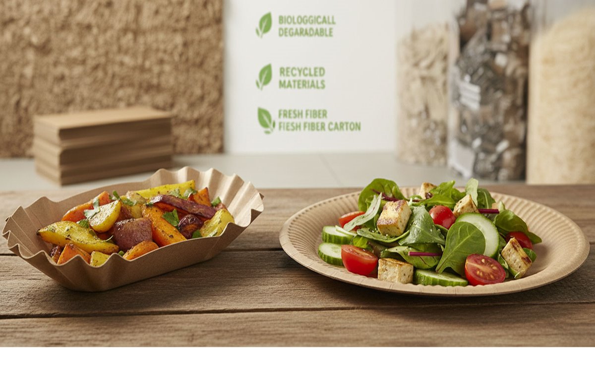 Braune und weiße Pappteller sowie gerippte Currywurst-Schalen, aus nachhaltigem Papier, ordentlich gestapelt im Food-Truck, bereit für Streetfood und To-go-Servierung