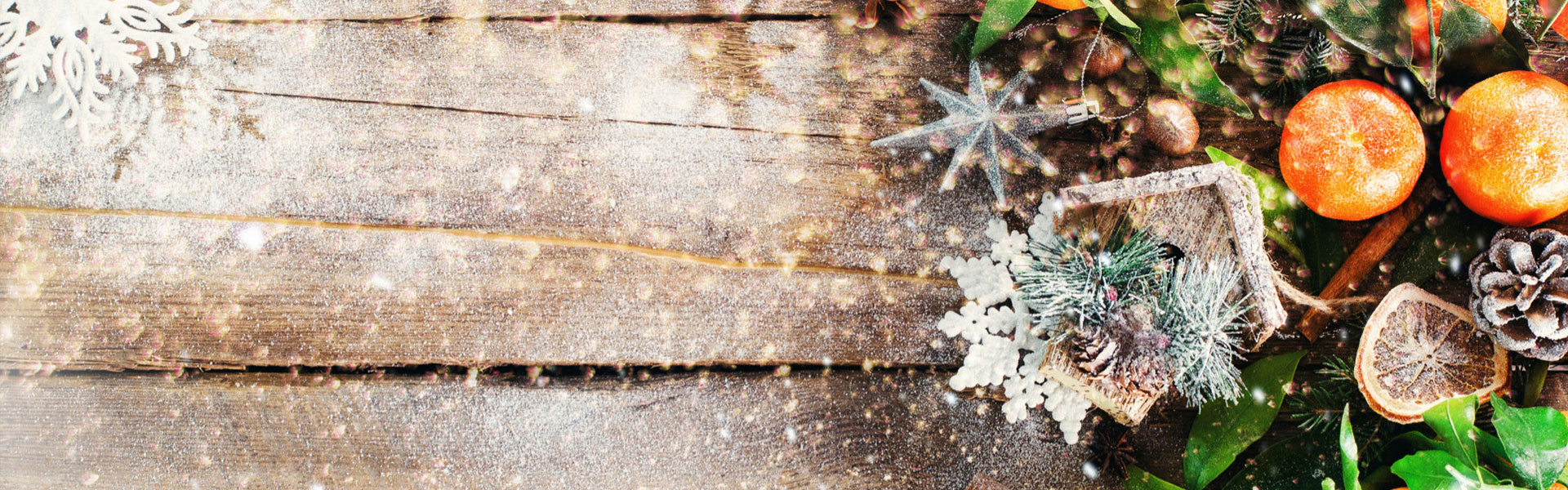 Weihnachtlicher Banner mit verschneitem Holz und dekorativen getrockneten Früchten