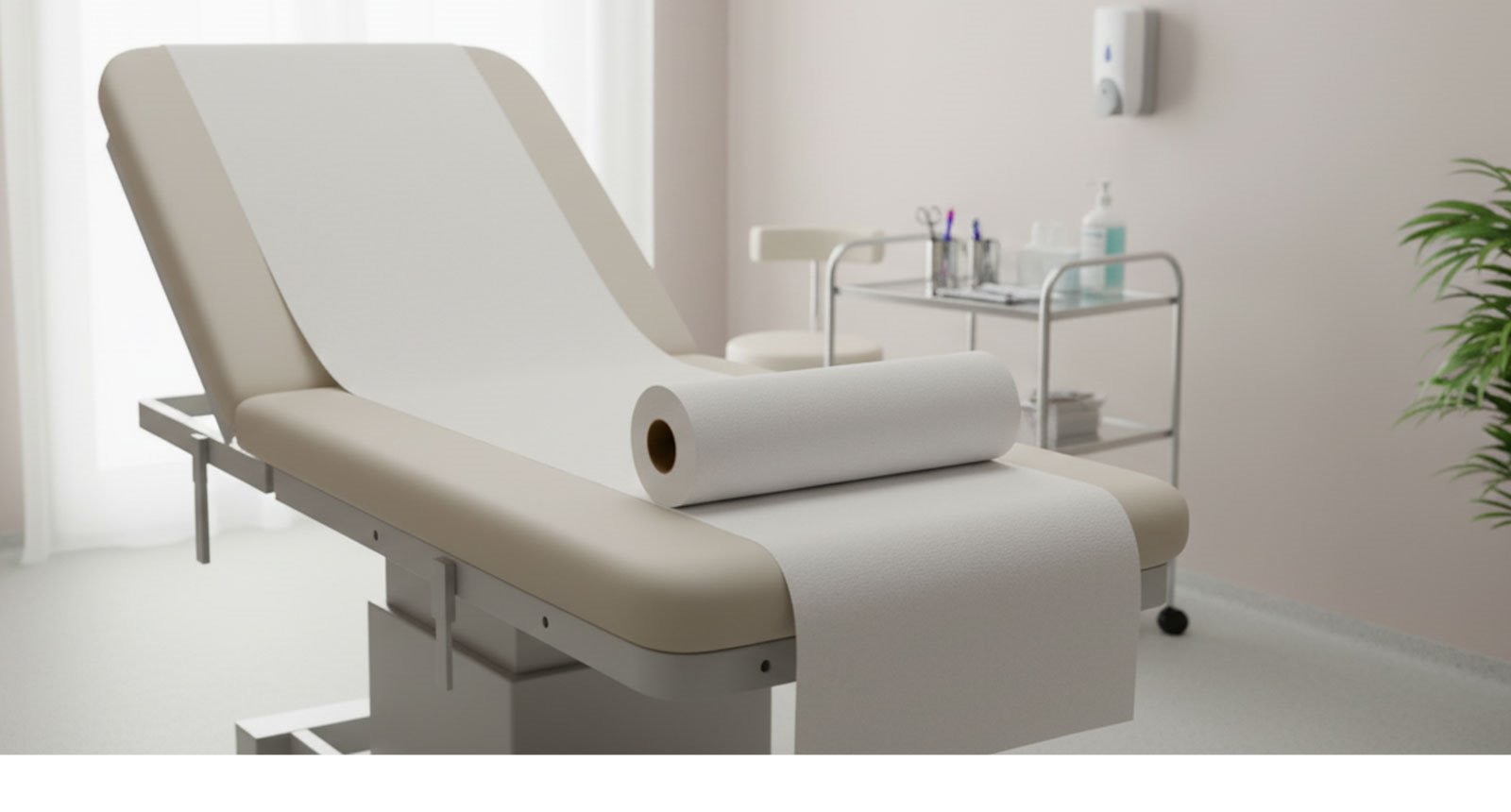 Rollen mit Papier-Liegenauflagen auf Behandlungsliege, hygienisches Arztkrepp im hellen Zahnarztpraxis-Ambiente