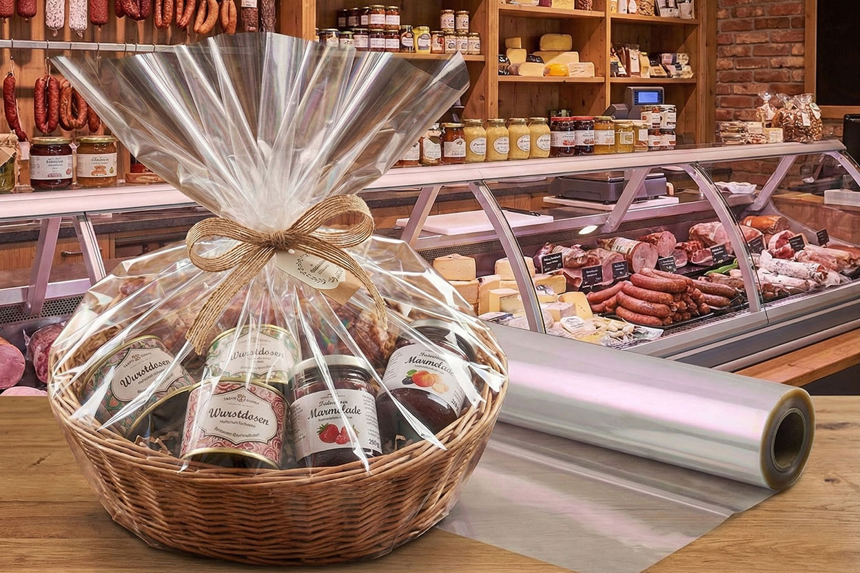 Ansprechende Geschenkefolie, die für die Präsentation von Wurstwaren und Dosen verwendet wird