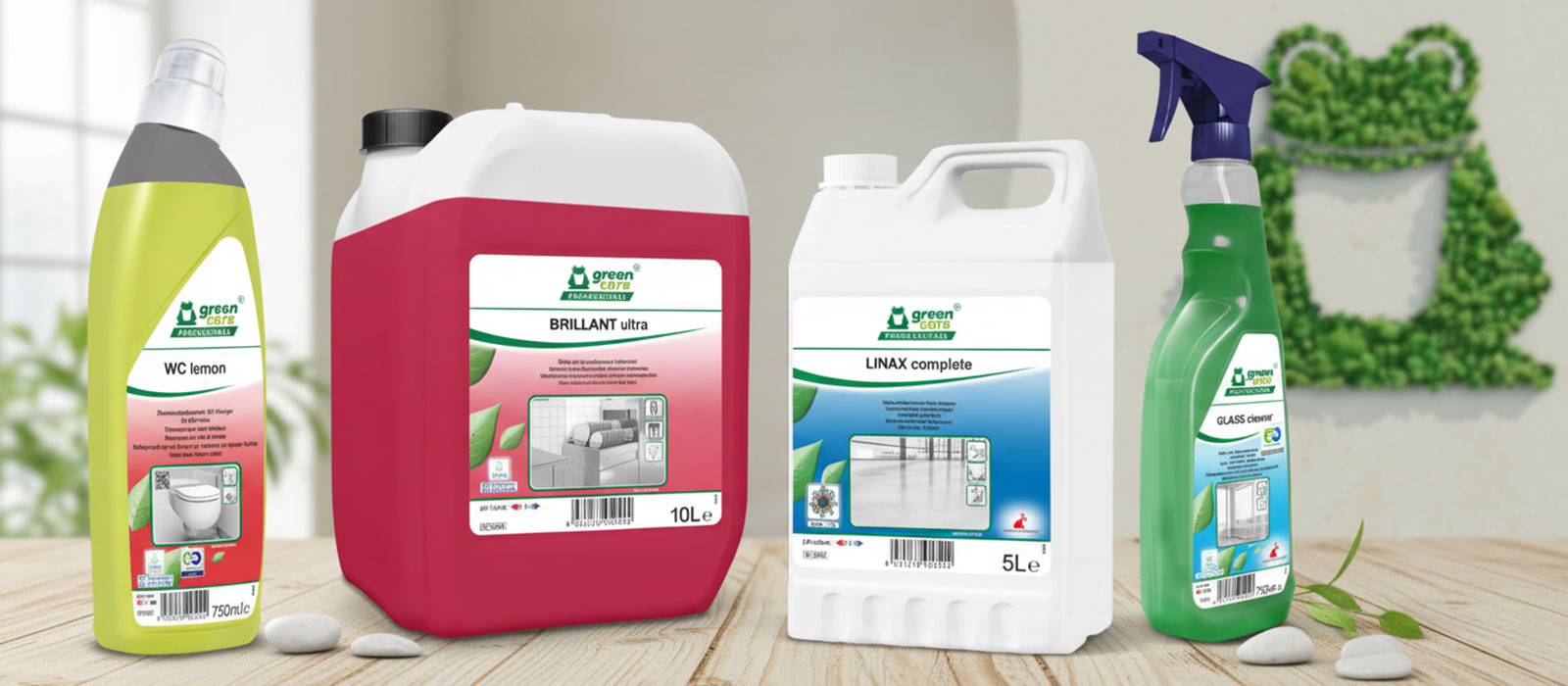 Auswahl professioneller TANA-Reinigungsprodukte – Flaschen und Kanister für Küche, Sanitärräume und Bodenpflege – übersichtlich präsentiert im gewerblichen Umfeld