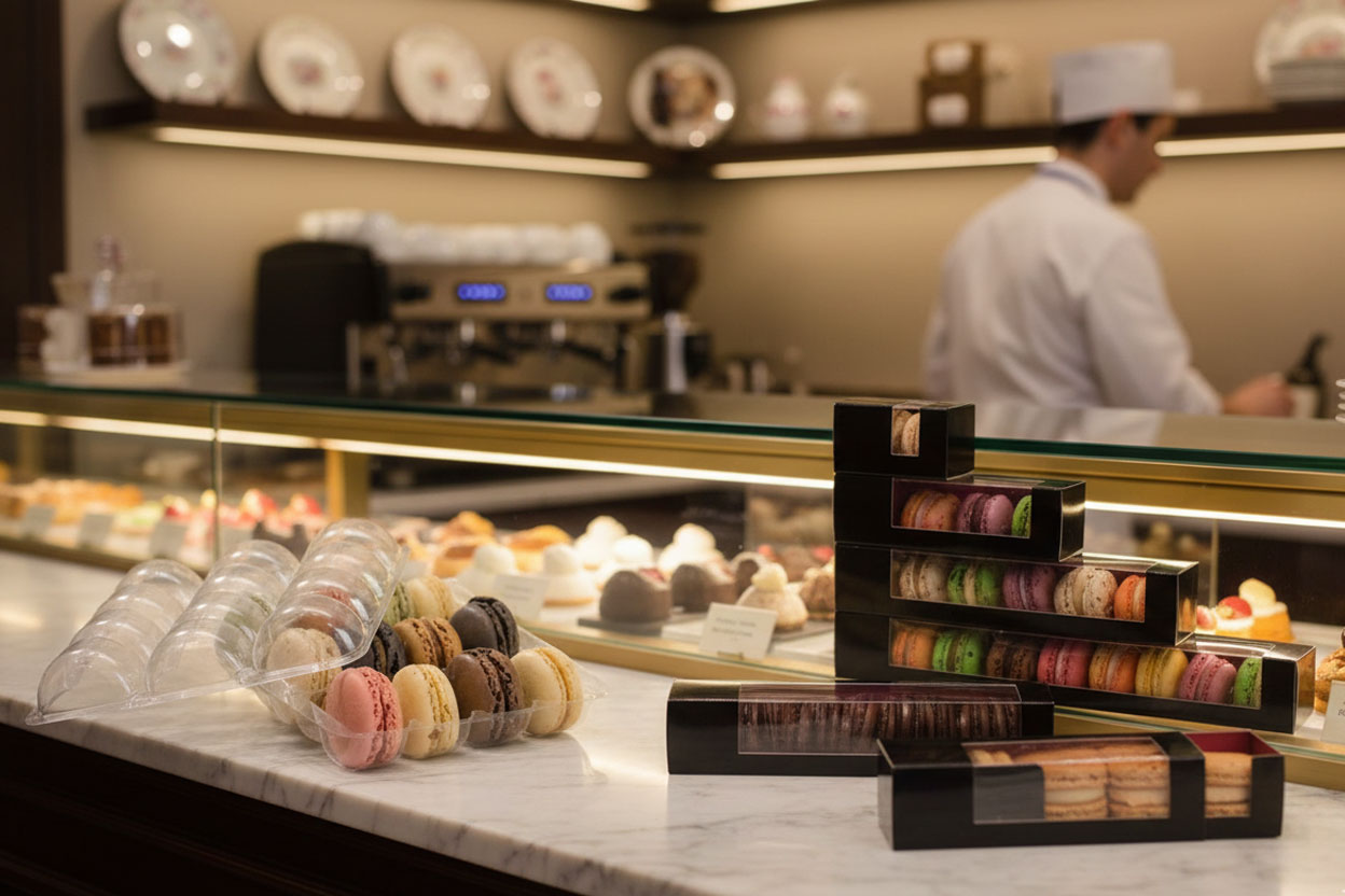 Ansprechende Verpackung für Macarons, ideal zur Präsentation und Aufbewahrung
