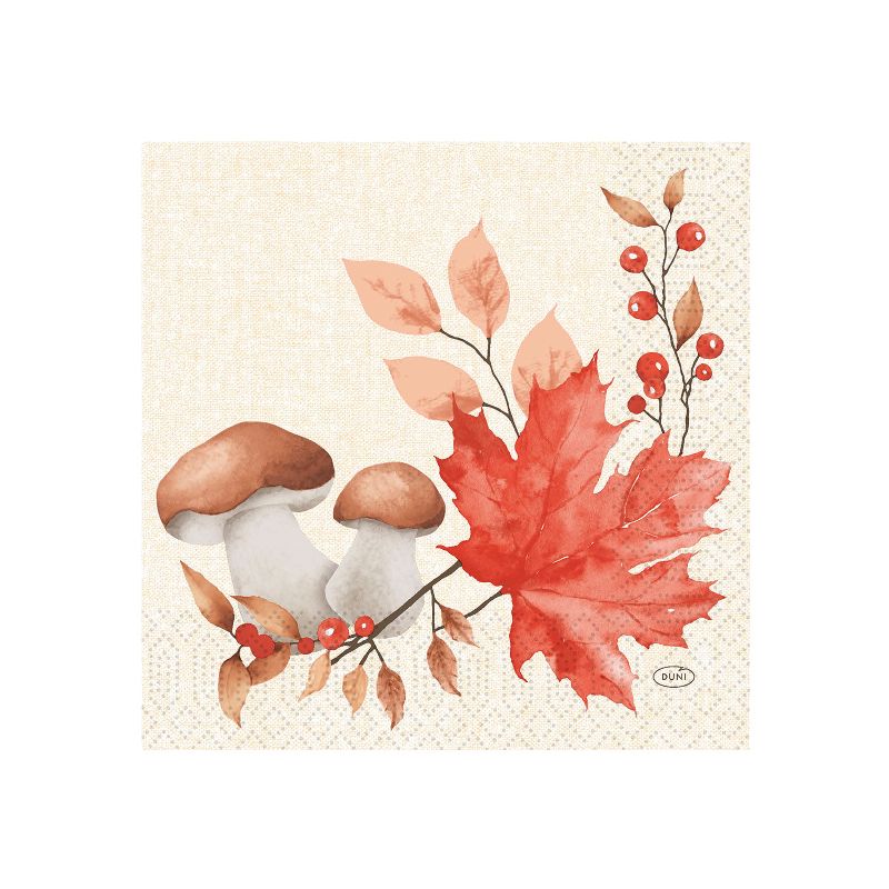 Serviette 33x33cm Zelltuch, mit Blättern und Pilzen, herbstliches Motiv