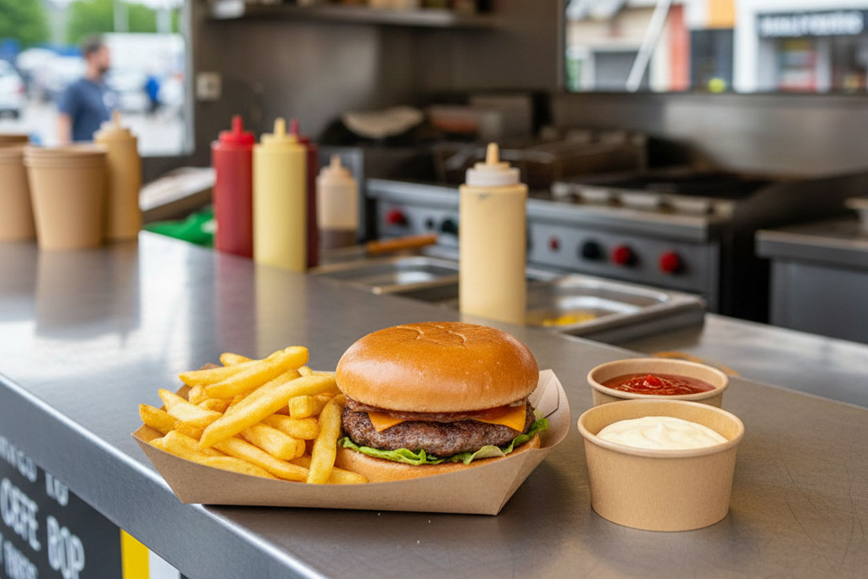 Pappschalen, die Burger und Pommes enthalten, vor dem Hintergrund eines Food Trucks