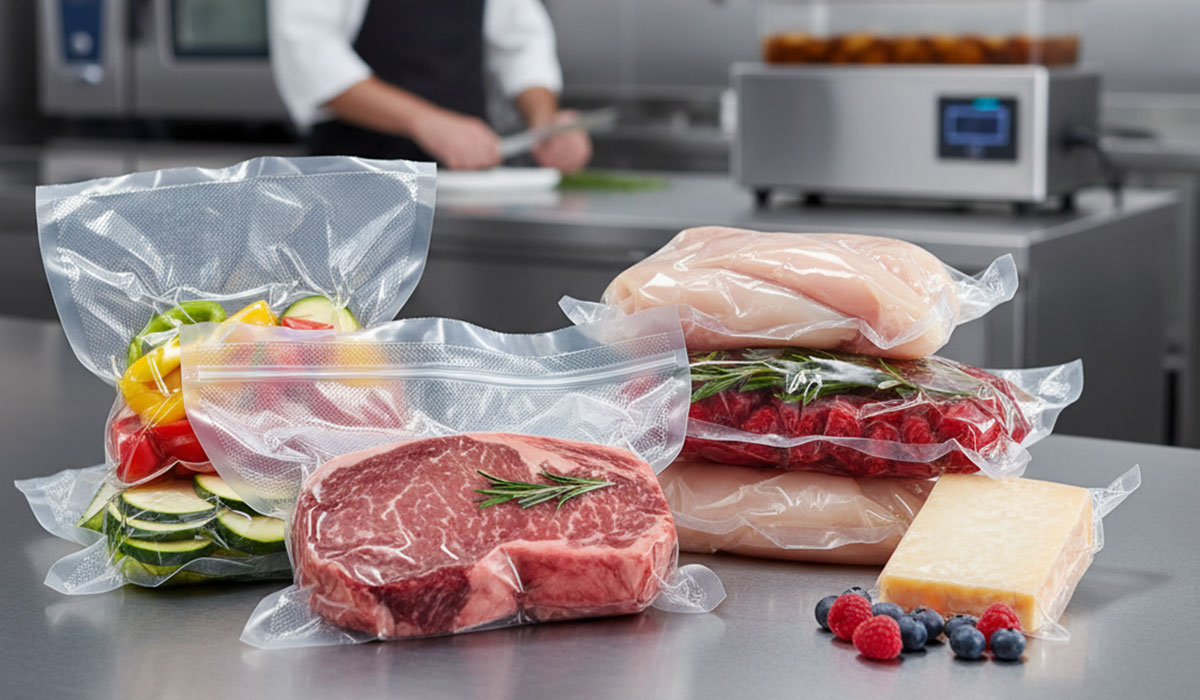 Transparente Vakuumbeutel neben Sous-vide-Gerät und Zutaten auf Edelstahlarbeitsfläche, professionelle Küchenumgebung im Restaurant