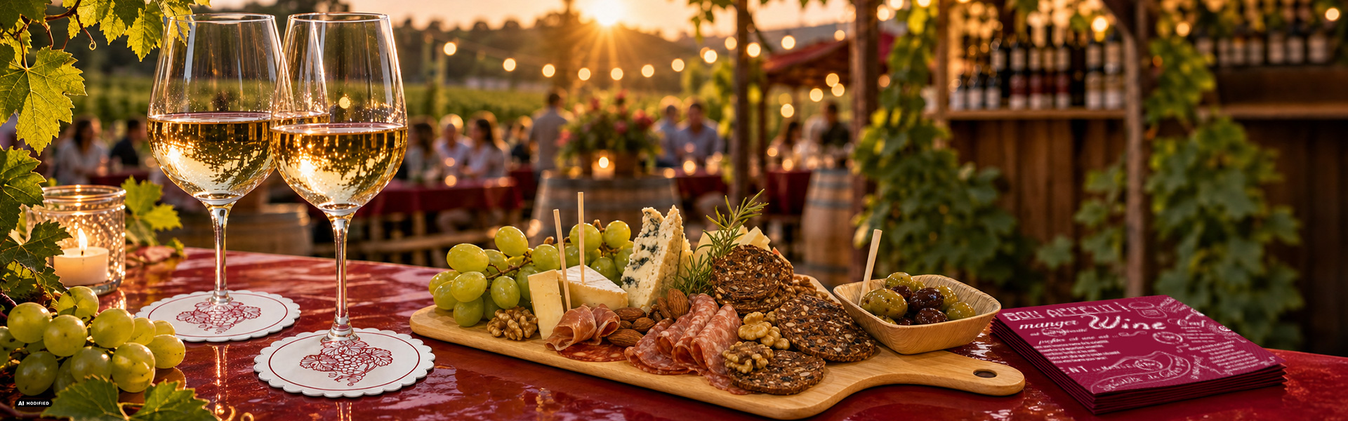 Nachhaltige Weinfest-Ausstattung mit PLA-Gläsern, kleinen Kartonkörbchen für Snacks und robusten Flaschentaschen für Weinflaschen