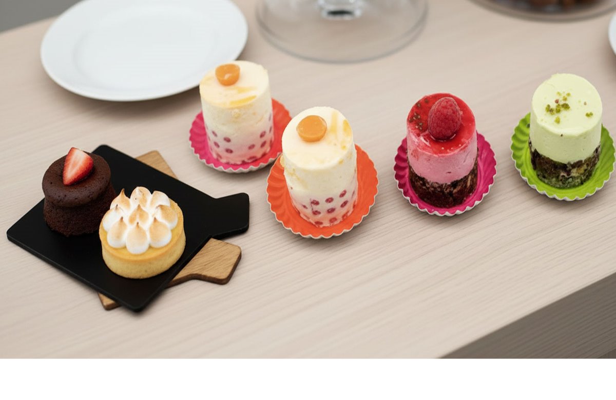 Bunte Untersetzer aus Pappe unter Mini-Kuchen und Desserts, dekorativ arrangiert auf Buffetplatten im eleganten Catering- und Patisserie-Ambiente