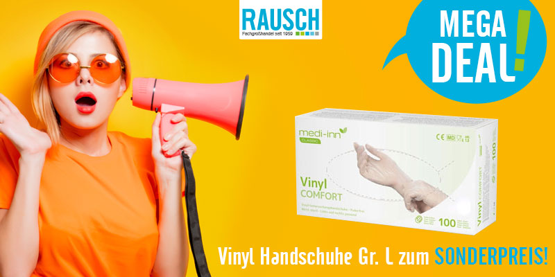 Vinyl-Handschuhe in Verpackung neben Frau mit Megaphone