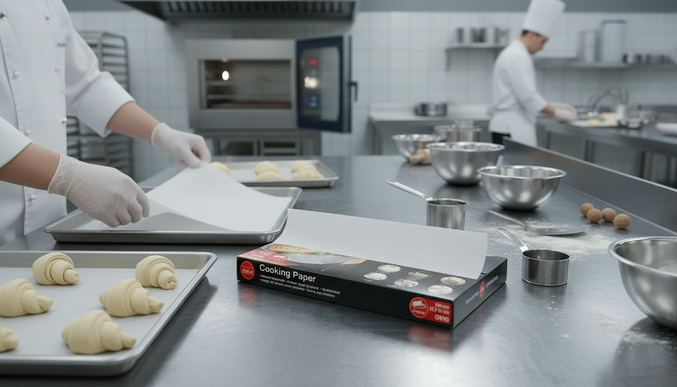 Rolle und zugeschnittenes Backpapier auf Arbeitsfläche, vorbereitet für Backblech im warmen Küchenambiente