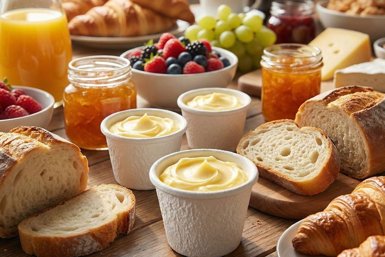 Umweltfreundliche Butterdöschen aus Pappe, ideal für Buffets in Hotels