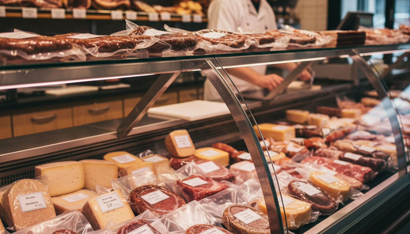 Klare Vakuumbeutel mit frisch verpacktem Fleisch und Wurst, präsentiert auf Theke im Metzgerei-Ambiente mit Edelstahl und Kühltheke