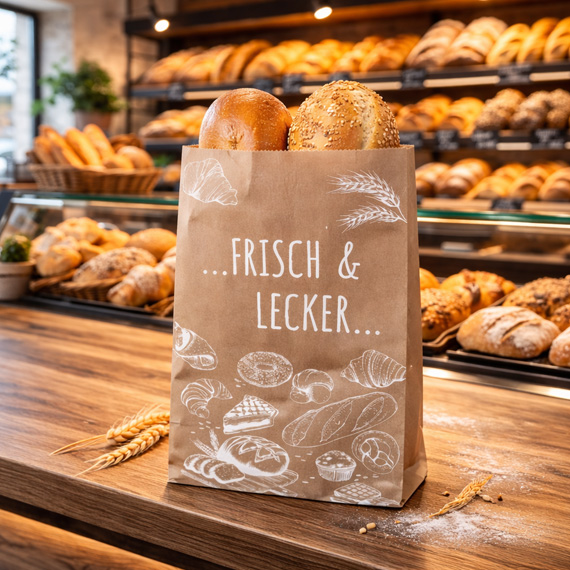 brauner Faltenbeutel mit Schriftzug Frisch & Lecker