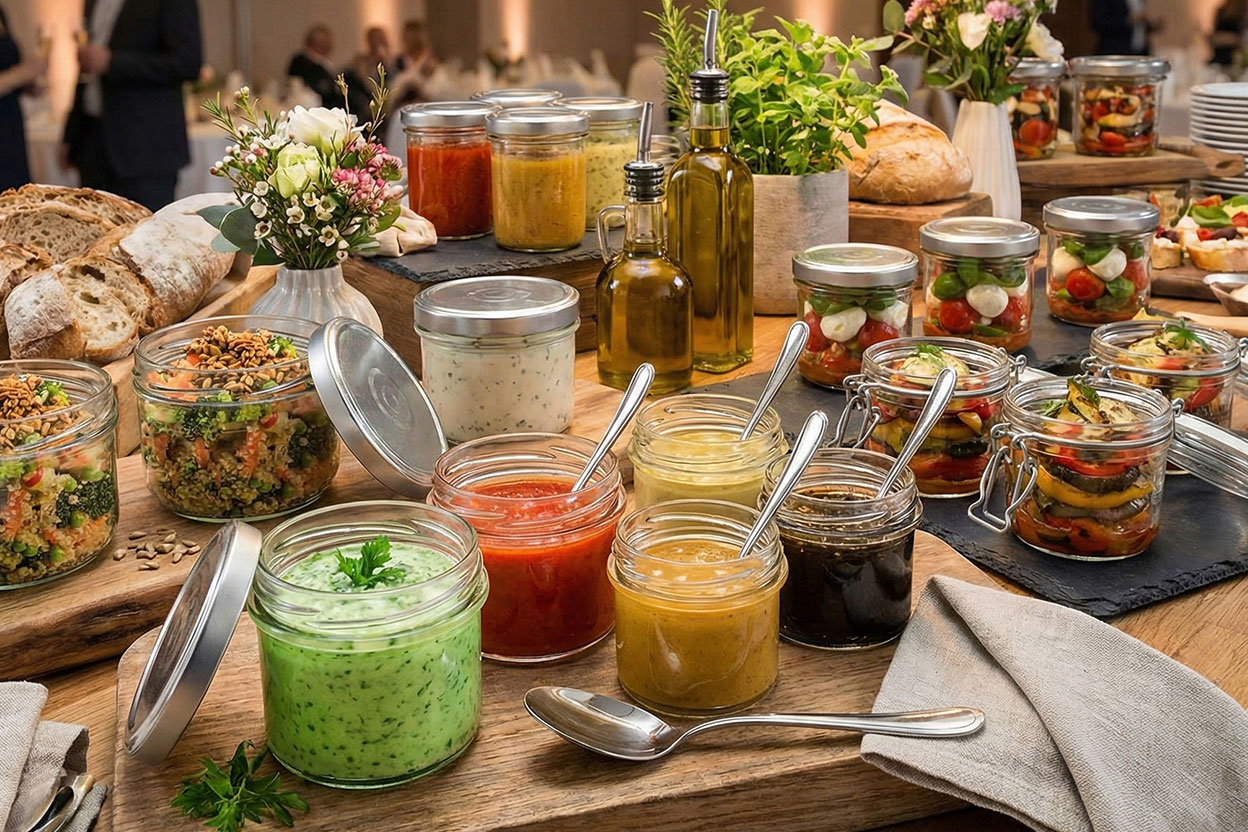 Glasgläser, die für Soßen und Dressings auf einem Buffet verwendet werden