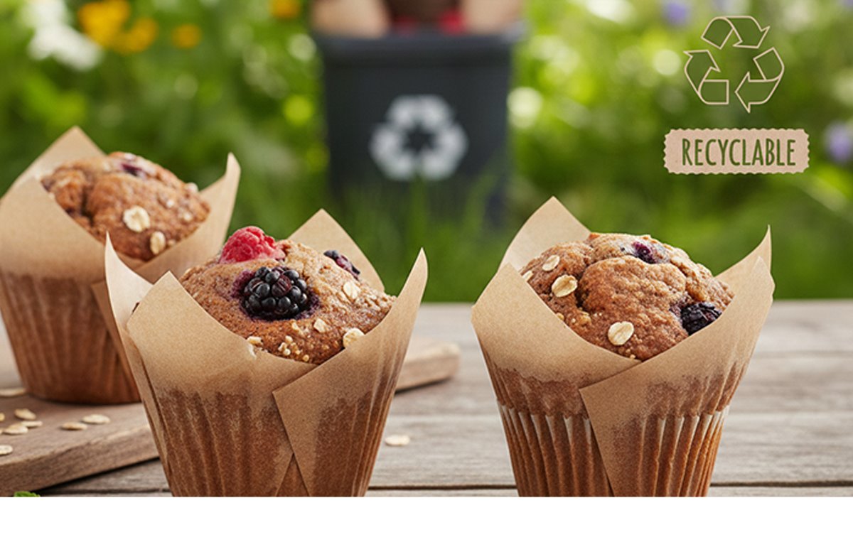 Drei Muffins auf einem Holztisch, in der Ecke und auf der Mülltonne im Hintergrund ist das Recycling Logo