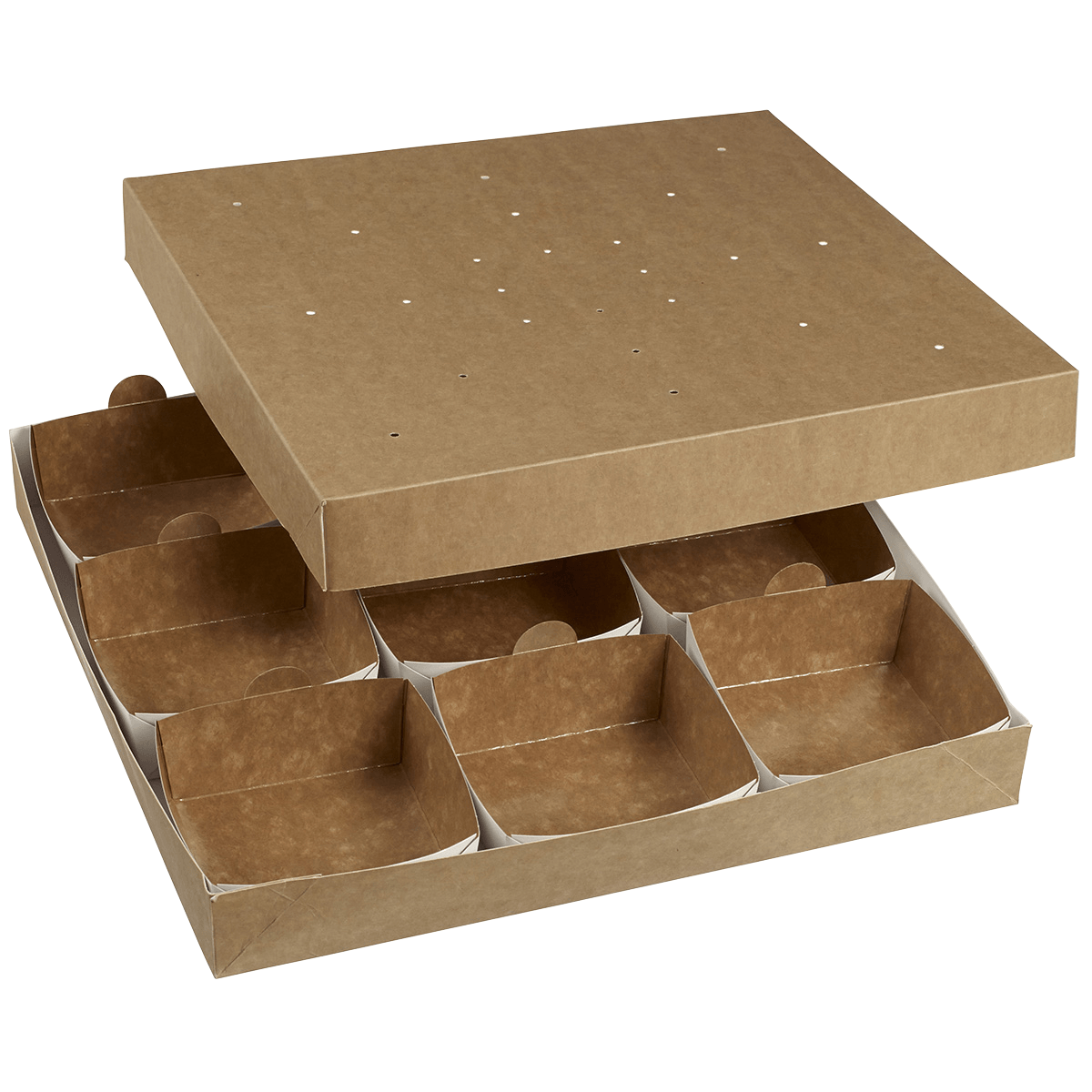 Kartonbox Modulo 360x360mm braun mit Deckel, für 9 Einsätze, Transporttablett