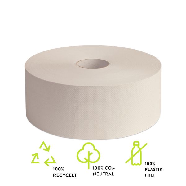 Toilettenpapier Jumbo 2lg 380m, GREEN JUPP Jumbo Toilettenpapier Rollen ohne Plastik