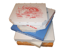 Ein Stapel bunter Pizzakartons