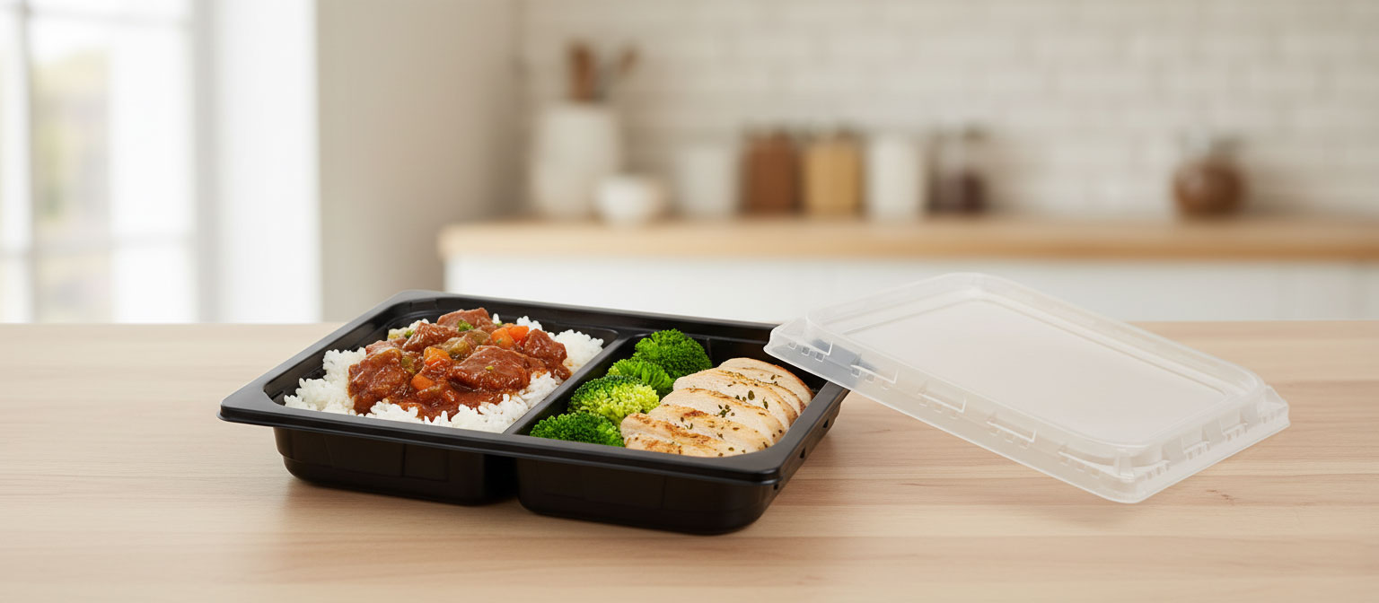 Schwarze Kunststoffschale für To-go-Gerichte, robuste Einwegverpackung für Take-away und Delivery