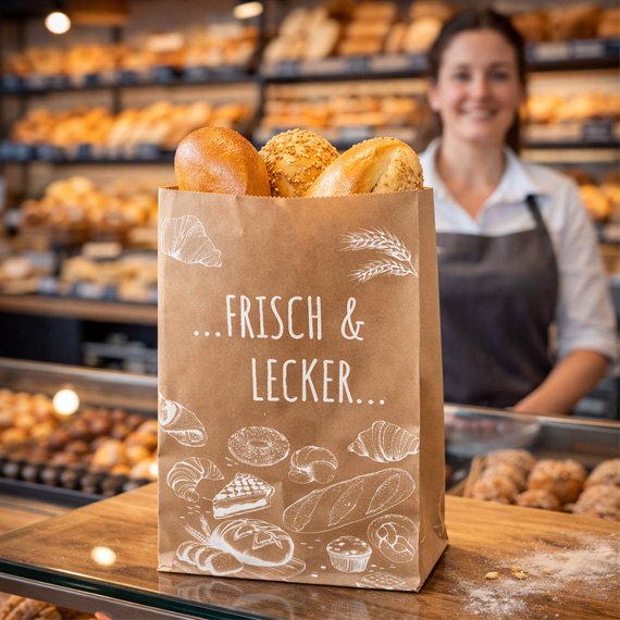 brauner Faltenbeutel mit Schriftzug Frisch & Lecker