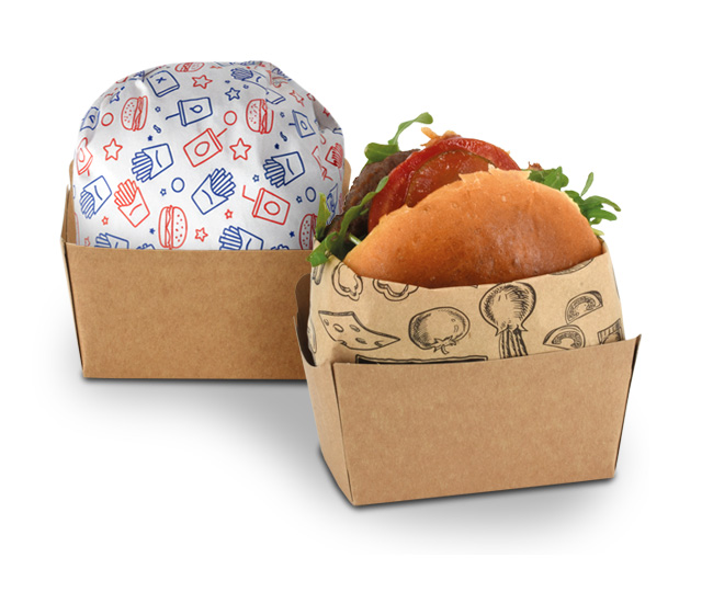 Hamburgerverpackung in braun zum direkten herausnehmen ohne aufklappen