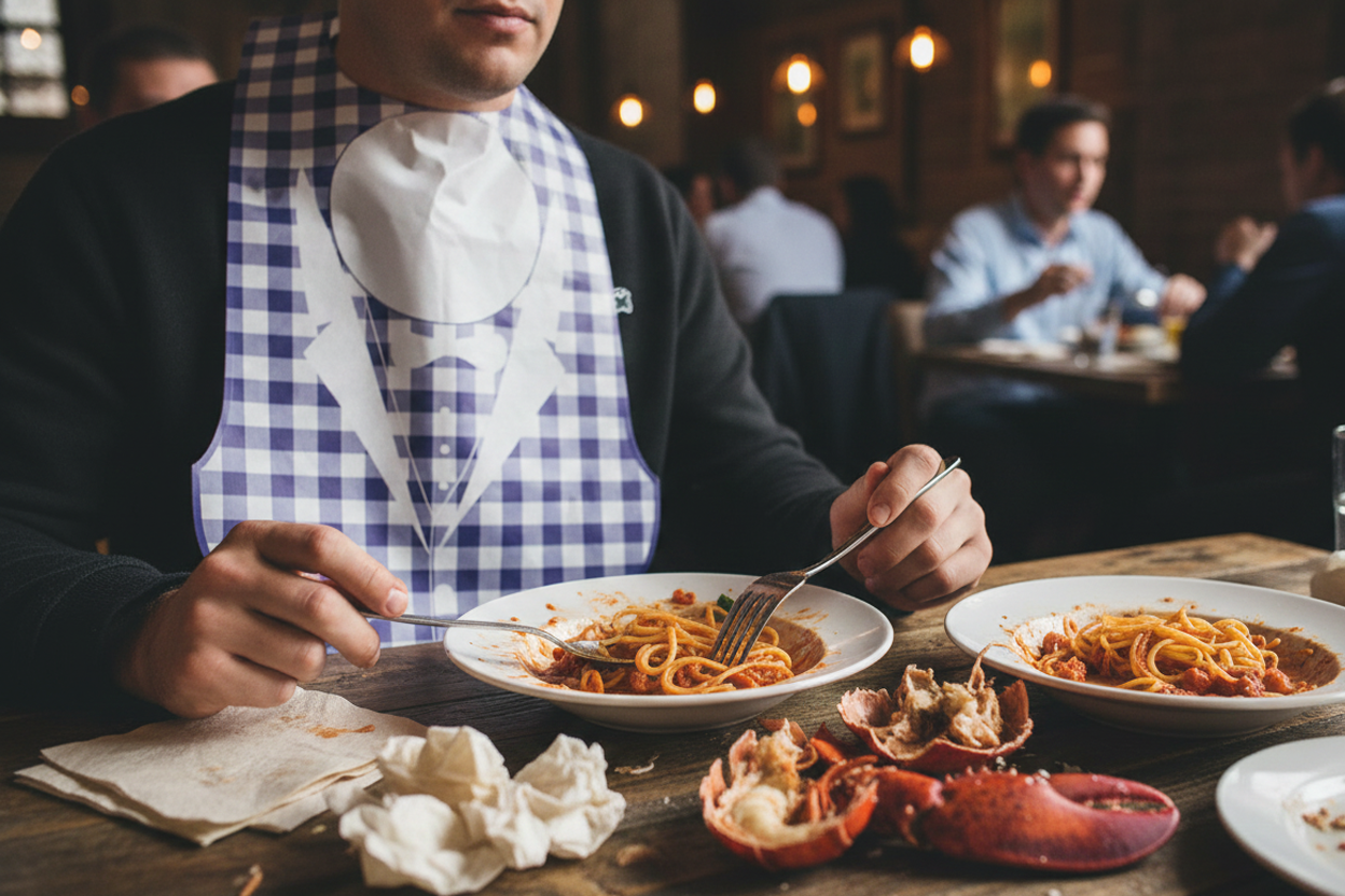 Blau-weiß kariertes Lätzchen auf einem gedeckten Restauranttisch, in warmer Ambientbeleuchtung platziert; das Karomuster klar sichtbar.