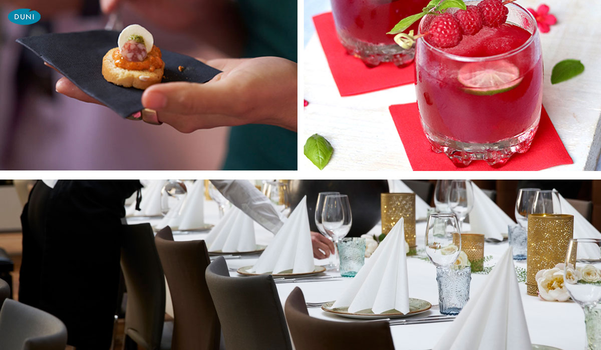 Stilvolle Tischszene mit Duni-Servietten in verschiedenen Modellen, darunter kleine Cocktailservietten und klassische Zelltuch-Varianten, farblich abgestimmt im gemütlichen Ambiente