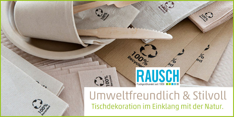 Umweltfreundliche Tischdekoration aus 100% Recycling-Material: Nachhaltige Servietten und Holzbesteck für die Gastronomie von RAUSCH.