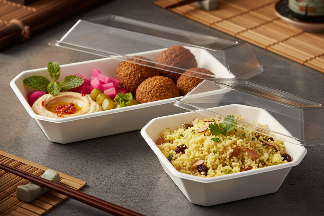 Umweltfreundliche Bagasse Schalen, die kompostierbar sind und sich ideal für Take Away-Gerichte eignen