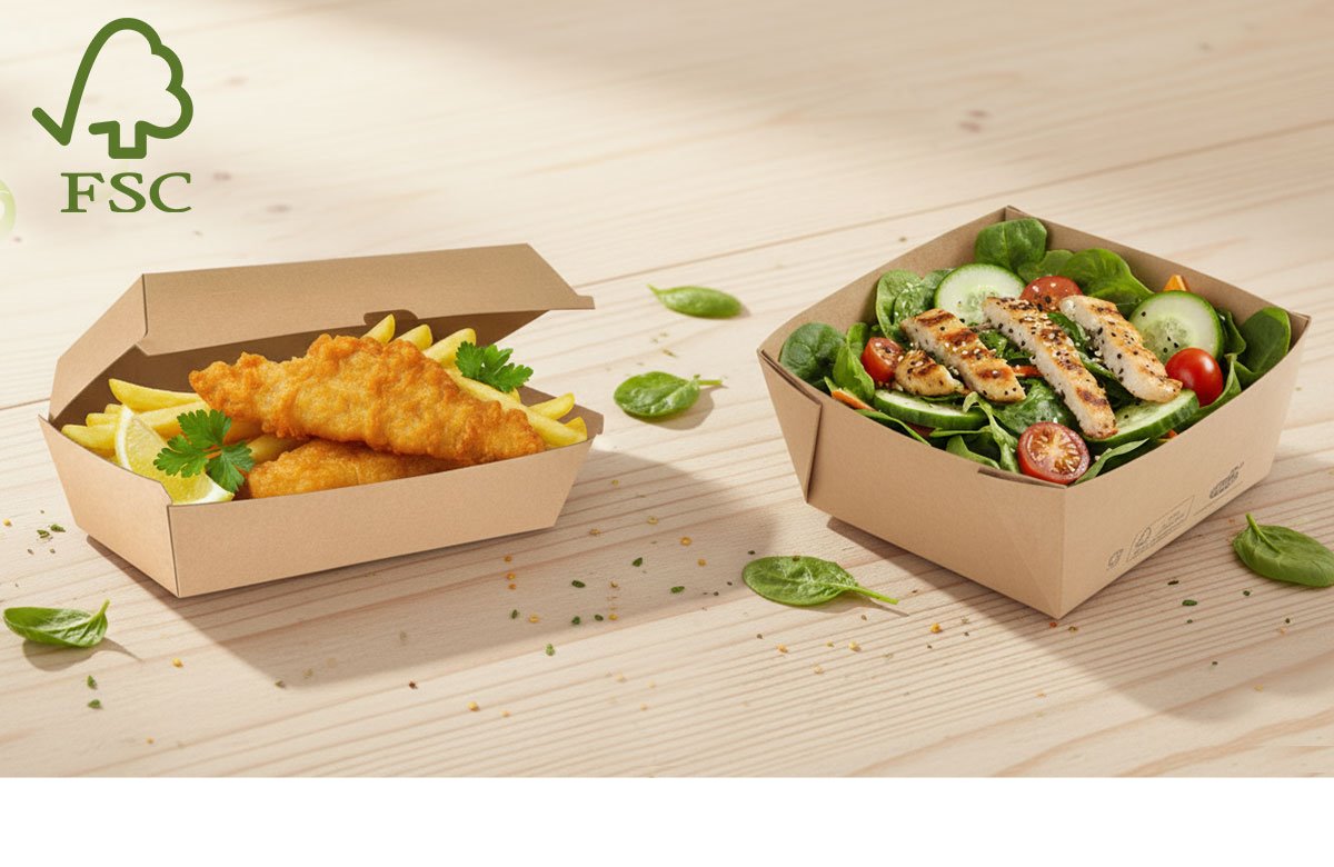 ielseitige Schalen aus Papier und dichte Multifoodboxen, im Take-away-Bereich, geeignet für warme und kalte Speisen, mit optionalen Deckeln