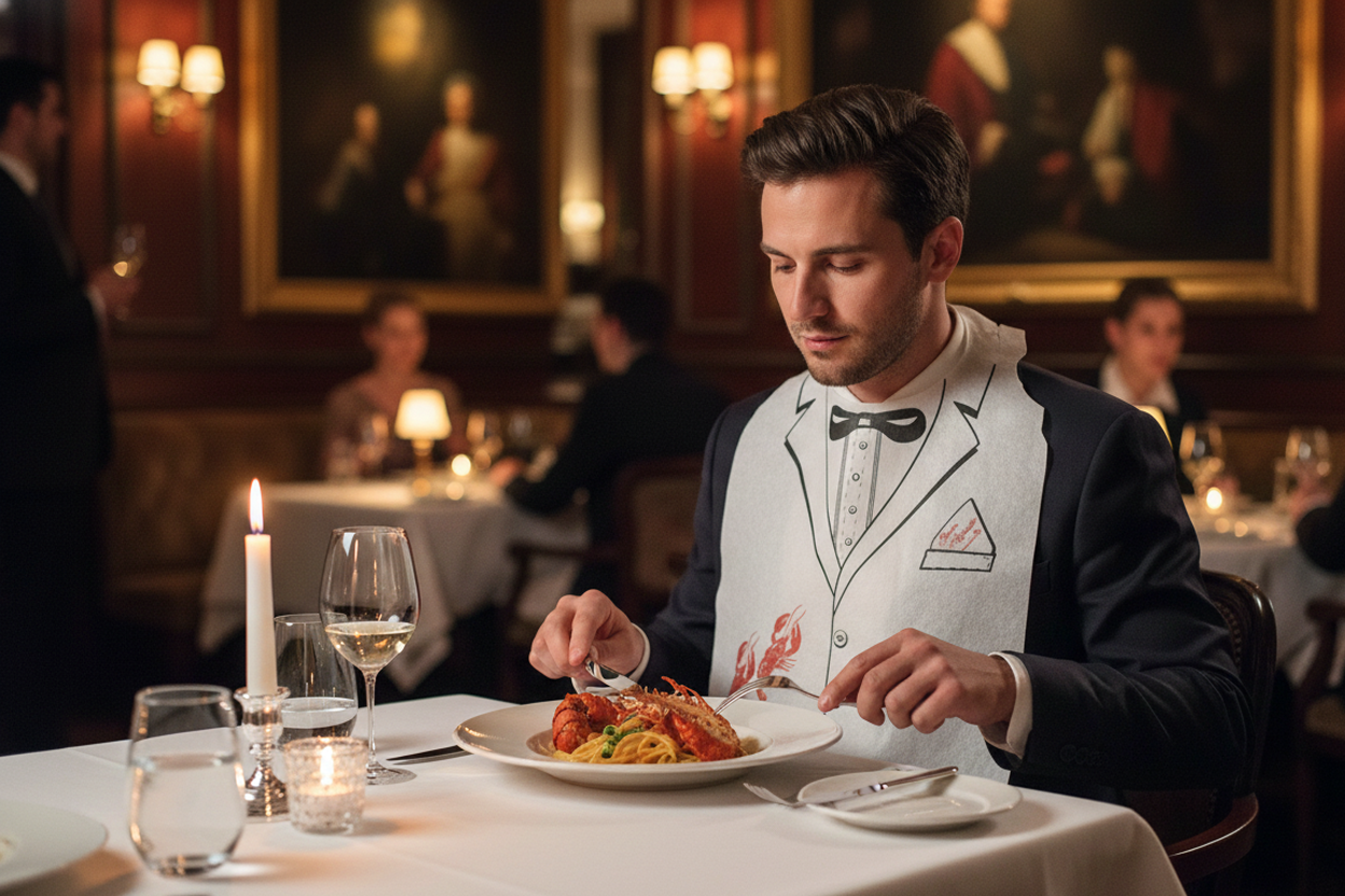 Elegantes Lätzchen im Smoking-Design aus Vlies und Zellstoff, stilvoll auf einem fein gedeckten Restauranttisch arrangiert in warmer Ambientbeleuchtung