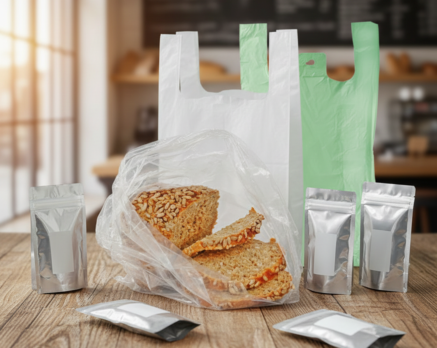 Verschiedene Plastik- und Aromabeutel auf einem Holztisch