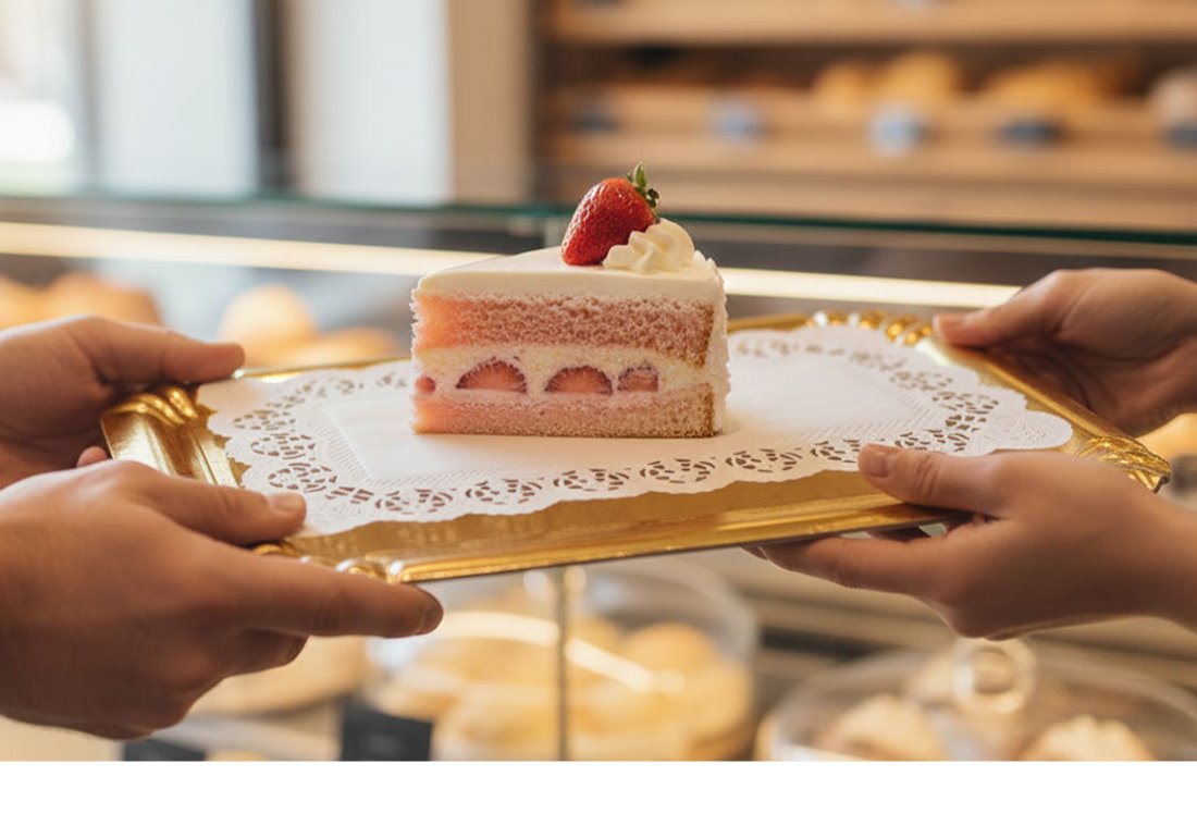 Zarte Papierdeckchen mit Spitzenmuster unter kleinen Desserts und Gebäck, dekorativ arrangiert für Catering und Patisserie im eleganten Ambiente