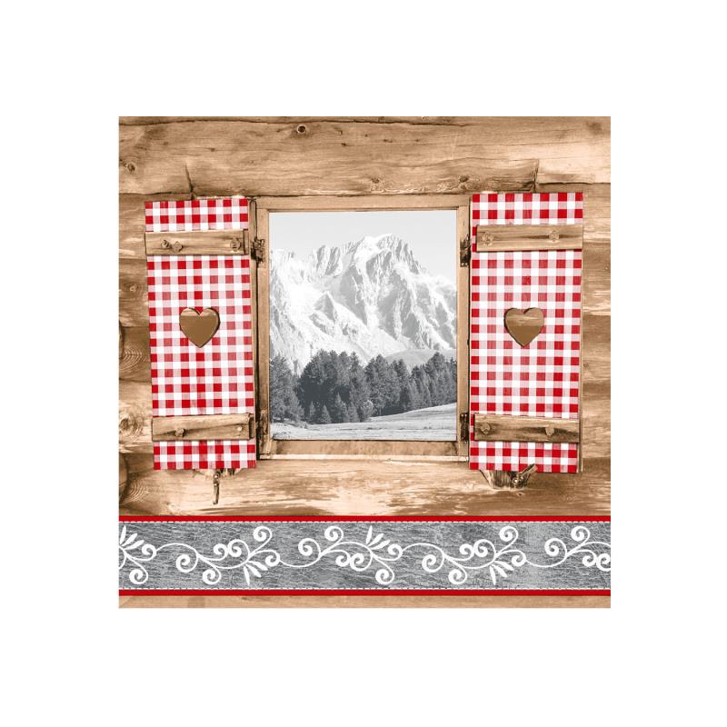 Airlaid Serviette Almblick 40x40cm mit Kuhmotiv in Braun, Rot und Weiß