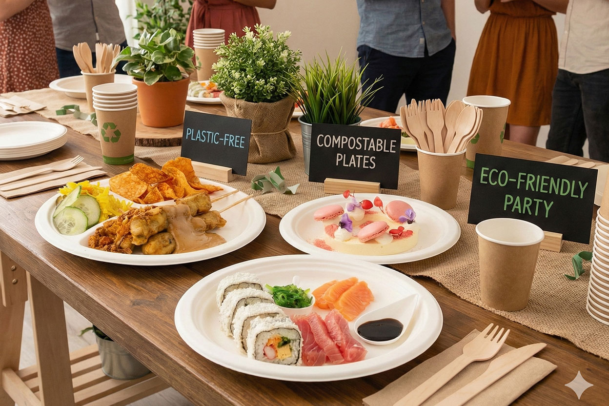 Umweltfreundliche Zuckerrohr Teller, die im Catering-Bereich verwendet werden