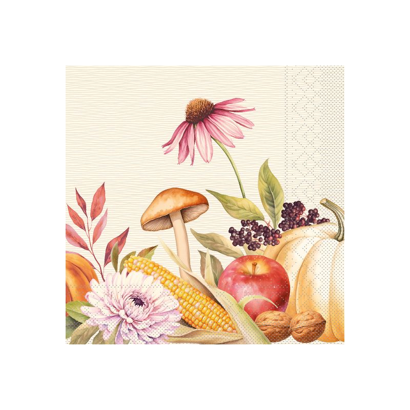 herbstliche Zelltuch Serviette Matteo 40x40cm mit Blumen, Pilzen, Kürbis