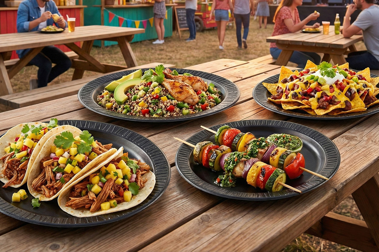 Umweltfreundliche schwarze Bagasse Teller, ideal für den Einsatz bei Festivals und Veranstaltungen