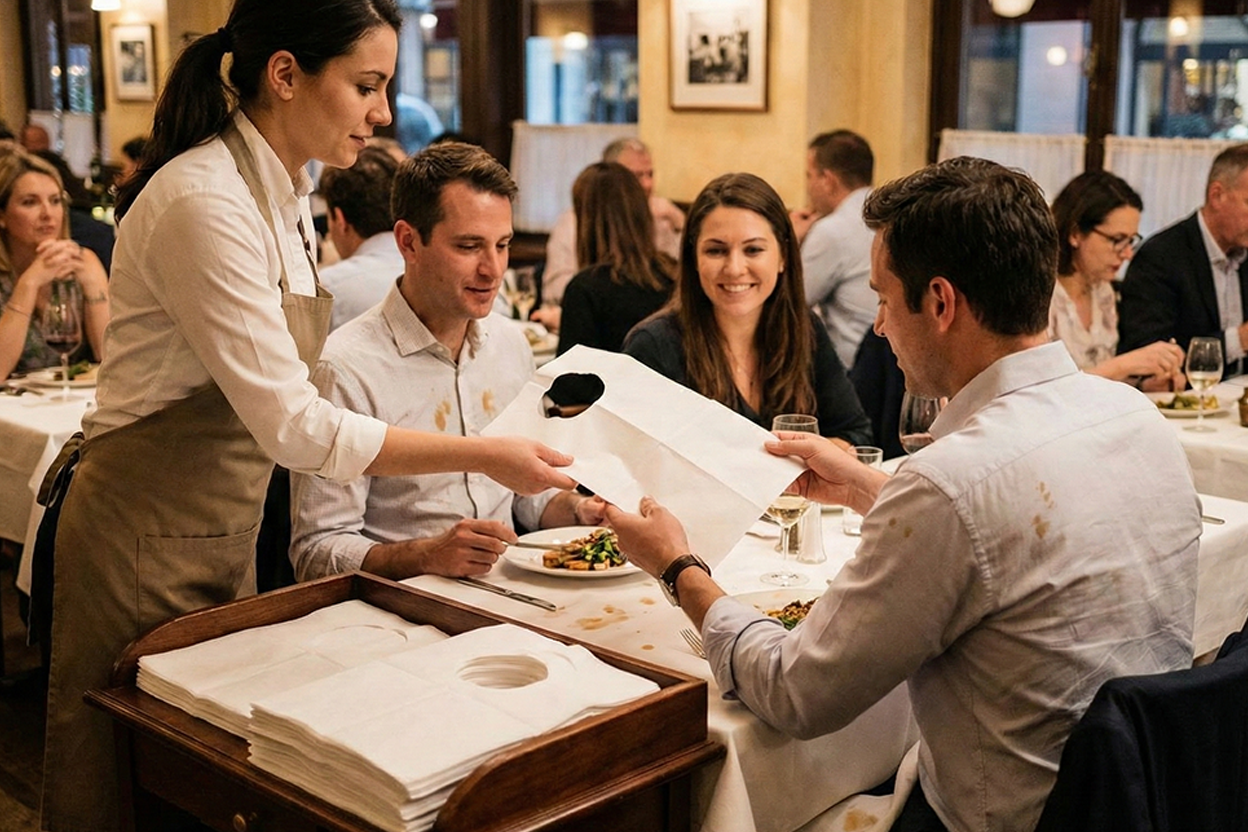 Weißes Einweg-Lätzchen aus Vlies in schlichter Uni-Optik, auf einem gedeckten Restauranttisch arrangiert in ambienter Beleuchtung